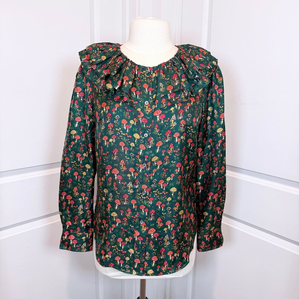 J.Crew Silk Mushroom Print Ruffle Blouse S, Cottagecore Fairycore Woodland Boho
